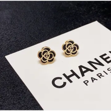 Chanel Camellia Black & Gold Stud Earrings