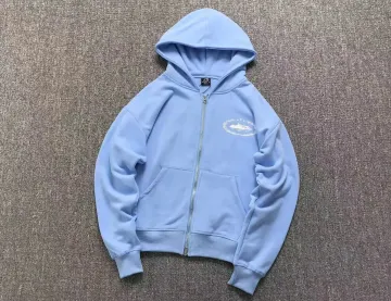 Unisex Light Blue Zip-Up Hoodie with Embroidered Logo