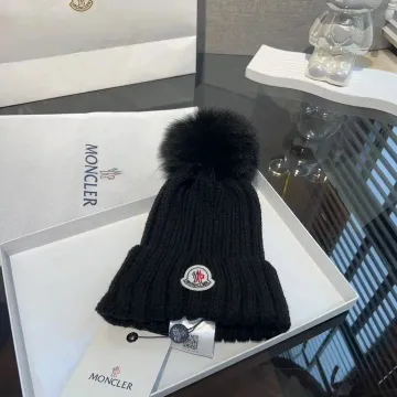 Moncler Black Fur Pom Beanie Hat